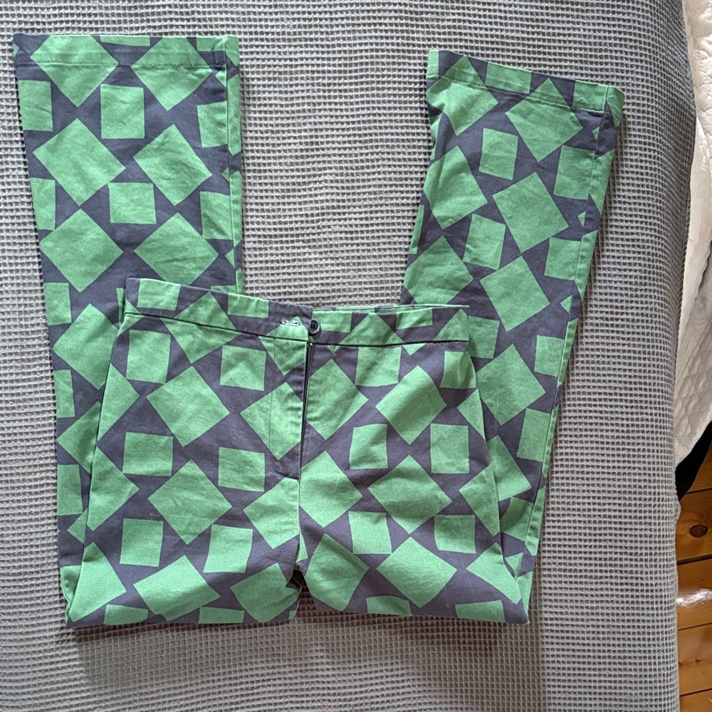 Thinking Mu Green Geometric Print Stretch Trousers